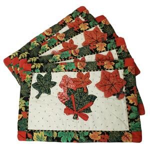 Lot of 4 Vintage B&D Quilted Christmas Place Mats 3D Oak Leaves & AOP
